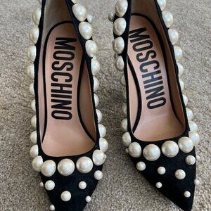 Moschino Suede Black 3" Heels Embellished with Pearls
